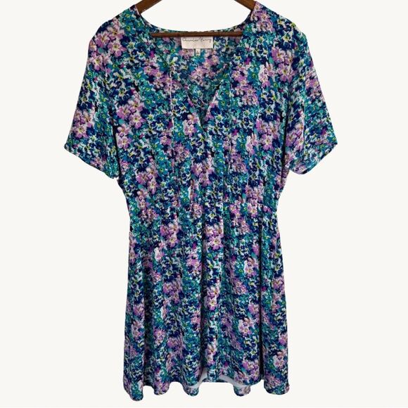 Anthropologie Chanler Henry Blue Purple Floral Dress Large Career party blouson - Picture 1 of 11
